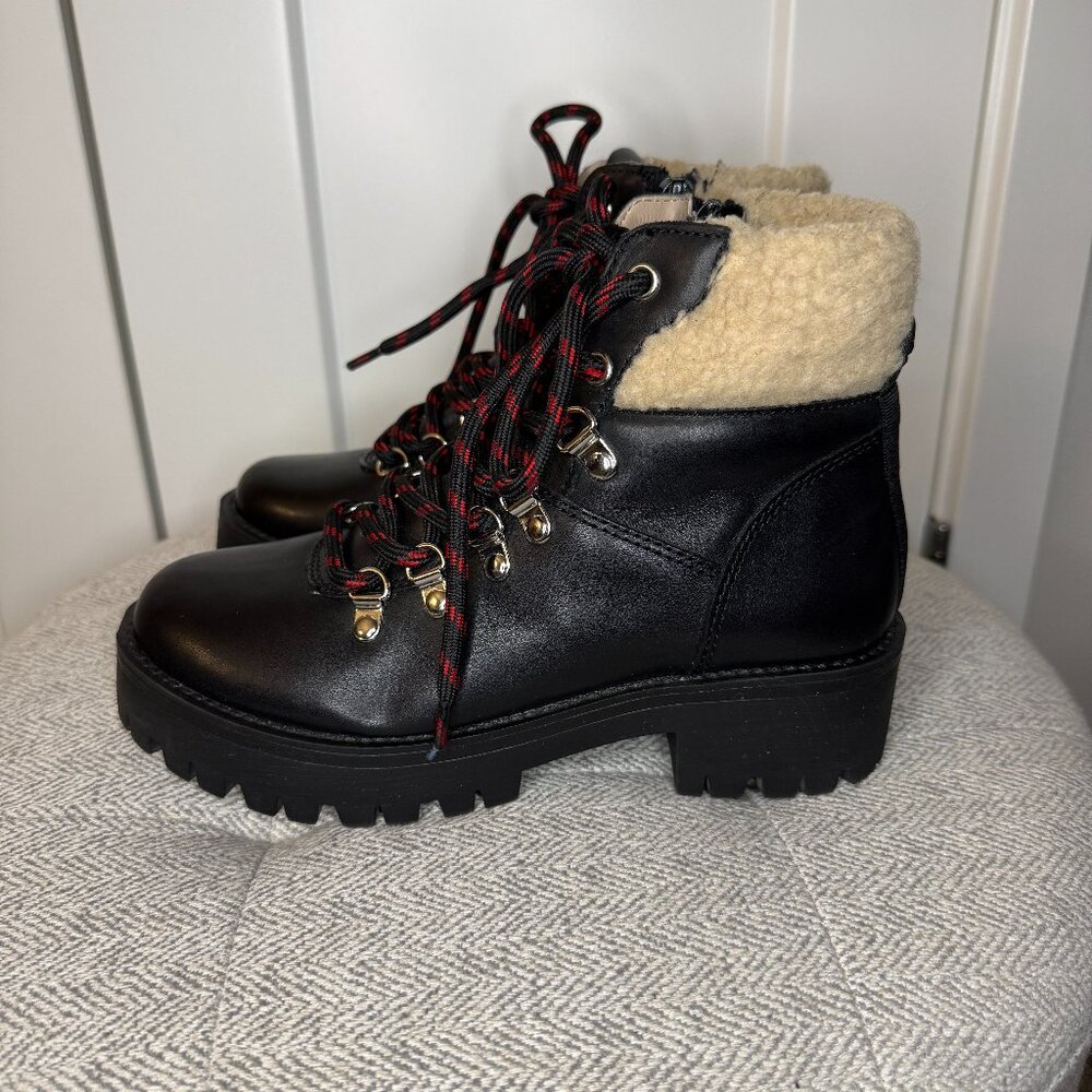 Steve Madden Women's Black Broadway Leather Faux Fur Trim Hiking Boots Size 6